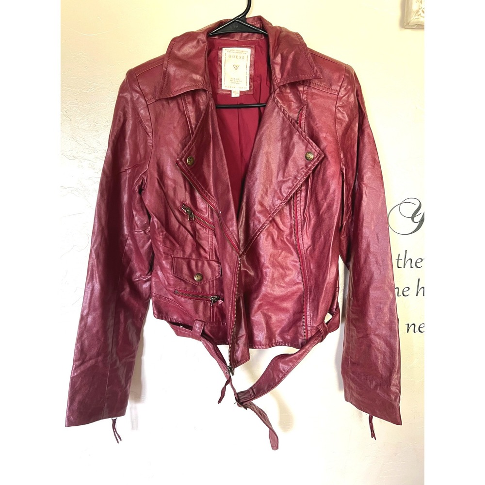 Guess Womens Burgundy Coated Ramie Cotton Moto Biker Jacket Size S vintage edgy